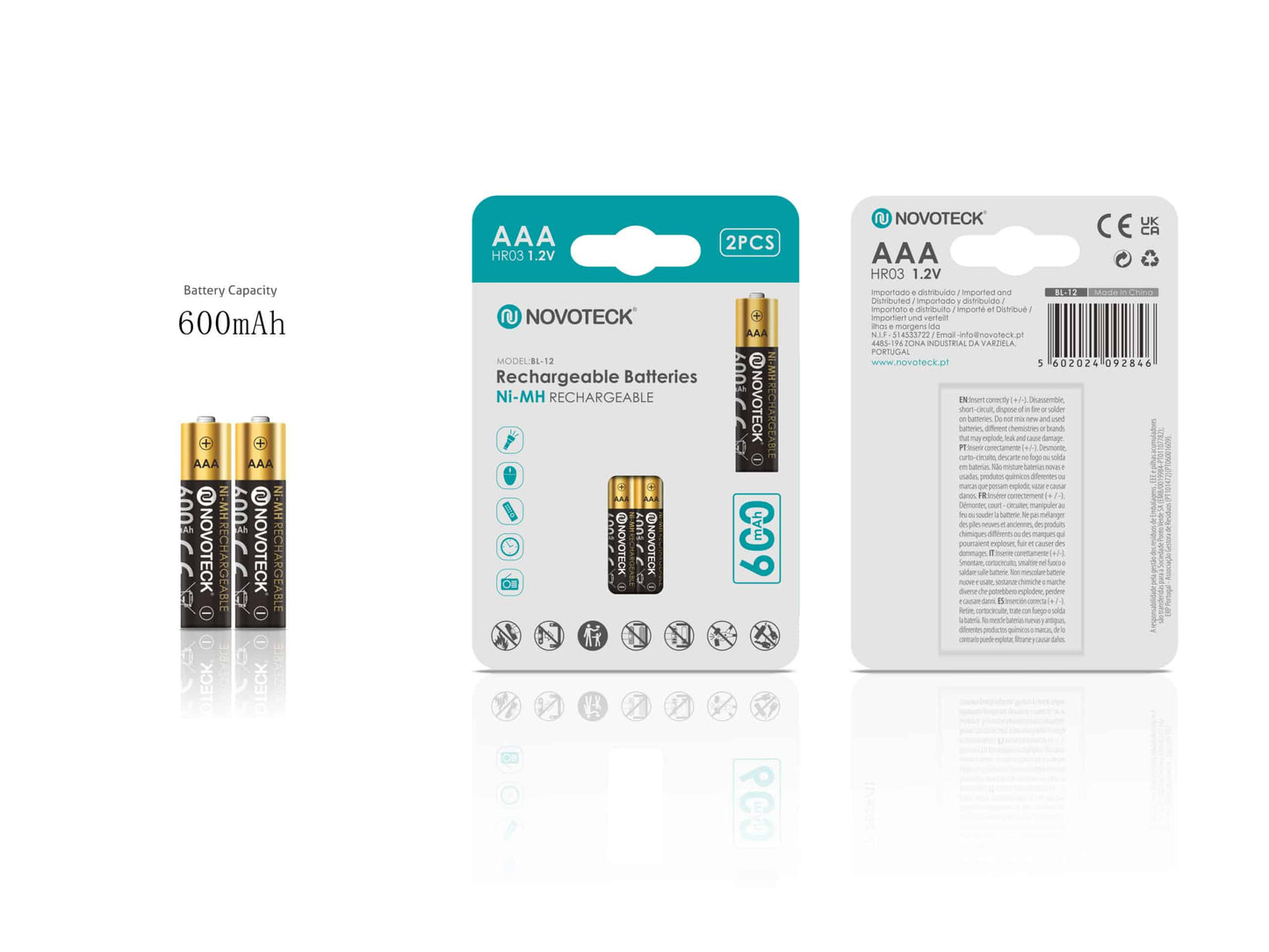 Pilhas Recarregáveis AAA HR03 Ni-MH NOVOTECK 600mAh – Pack com 2 Unidades BL-12