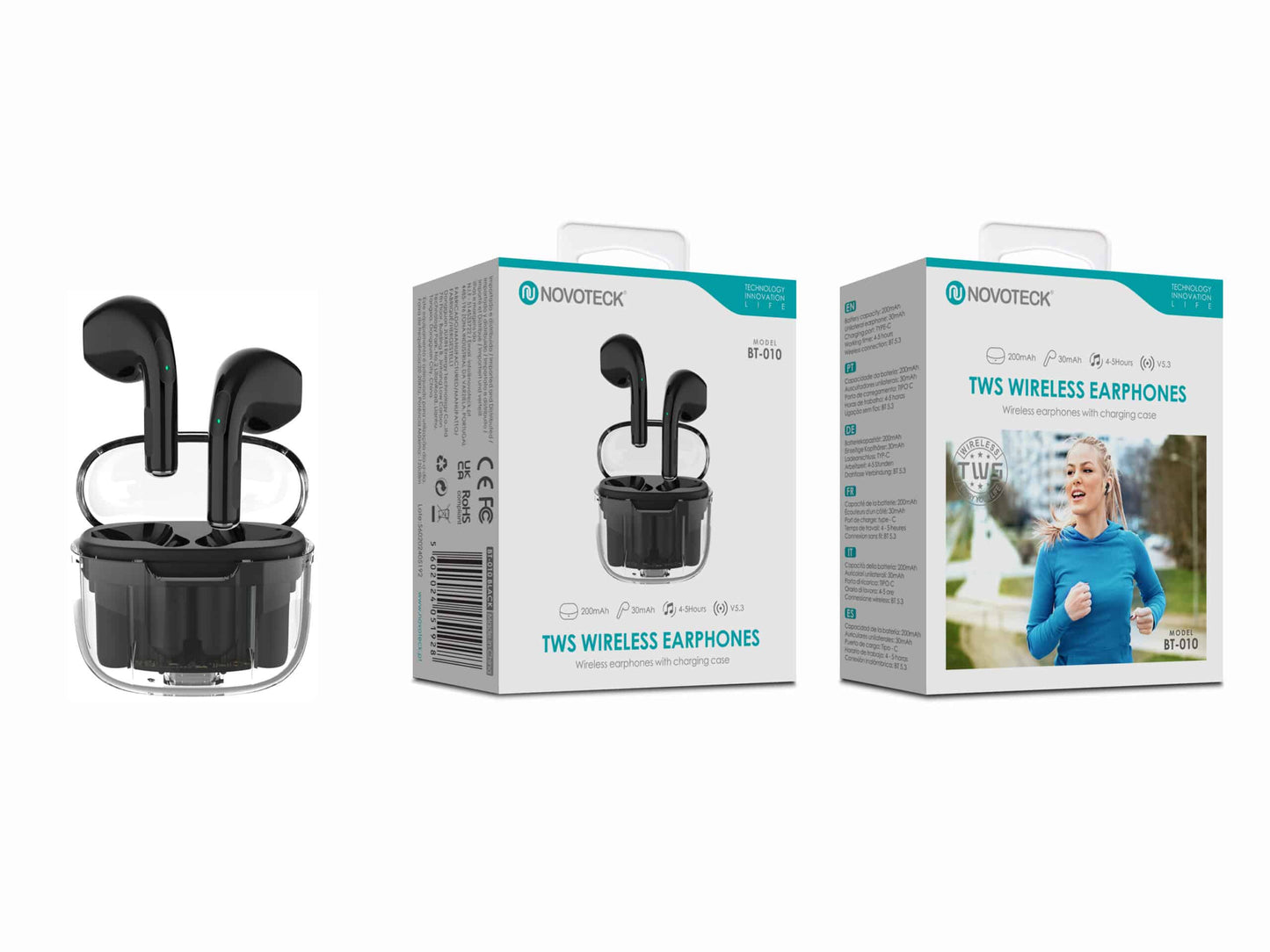 Auriculares Bluetooth TWS Negro BT-010 – Estojo de Carregamento Transparente, Design Moderno