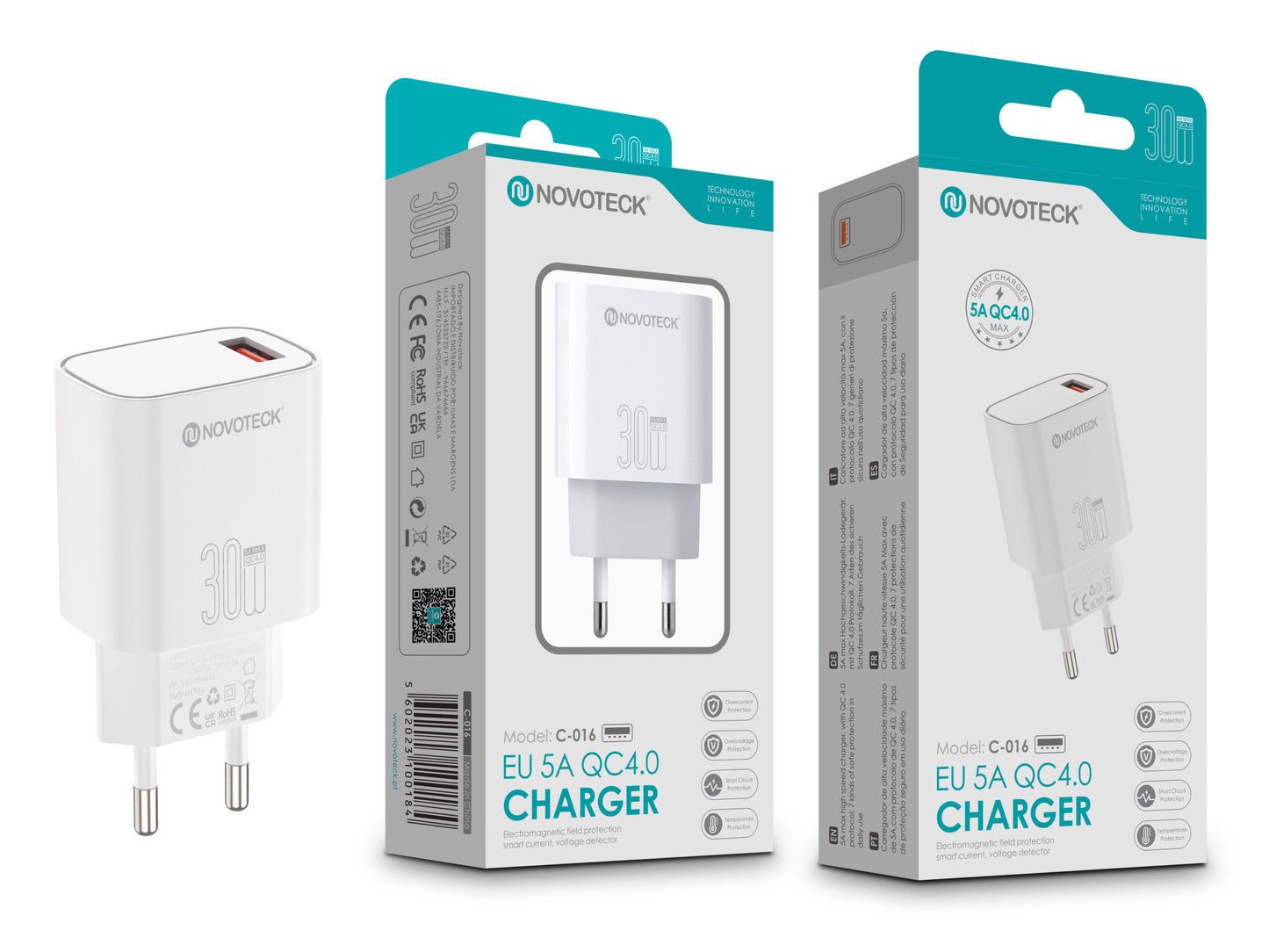 Carregador Rápido NOVOTECK C-016 QC4.0 30W - Carregamento Eficiente de 5A, Compacto e Seguro Branco