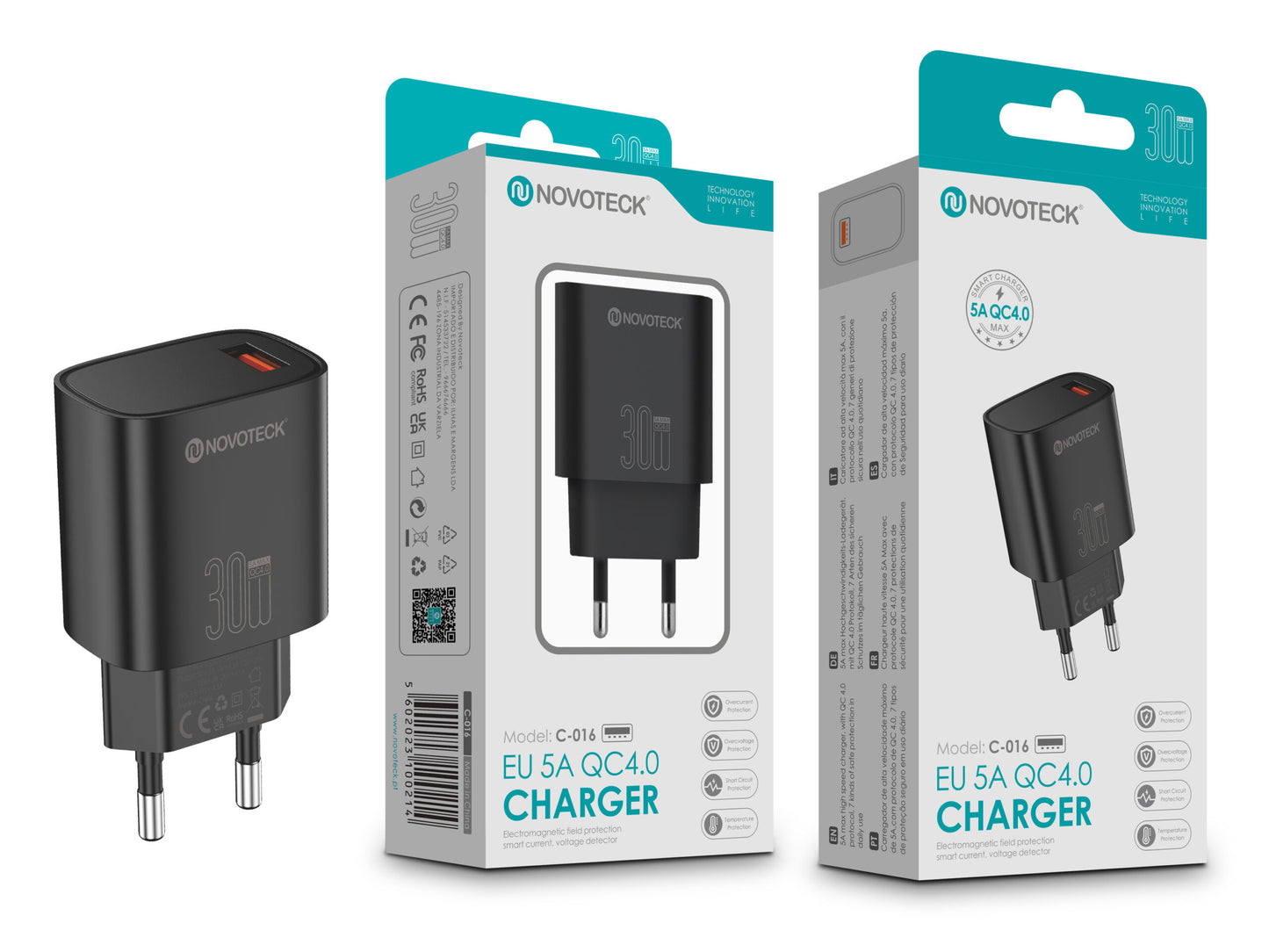 Carregador Rápido NOVOTECK C-016 QC4.0 30W - Carregamento Eficiente de 5A, Compacto e Seguro Negro