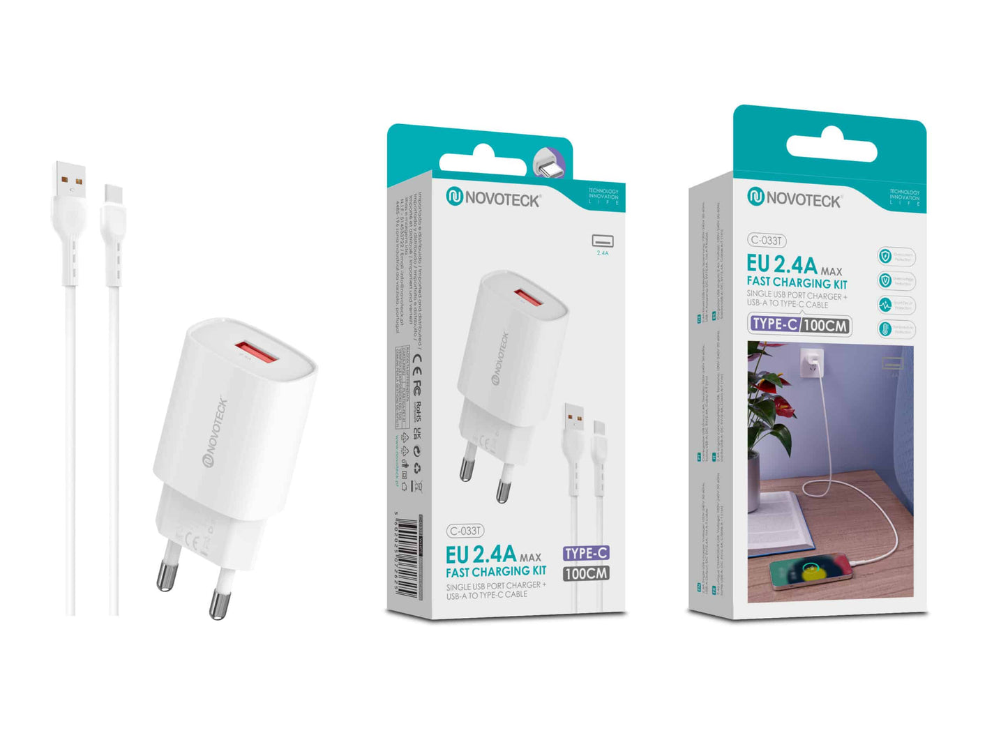 Kit Carregador Rápido USB 2.4A com Cabo Tipo C 100cm – Modelo C-033T
