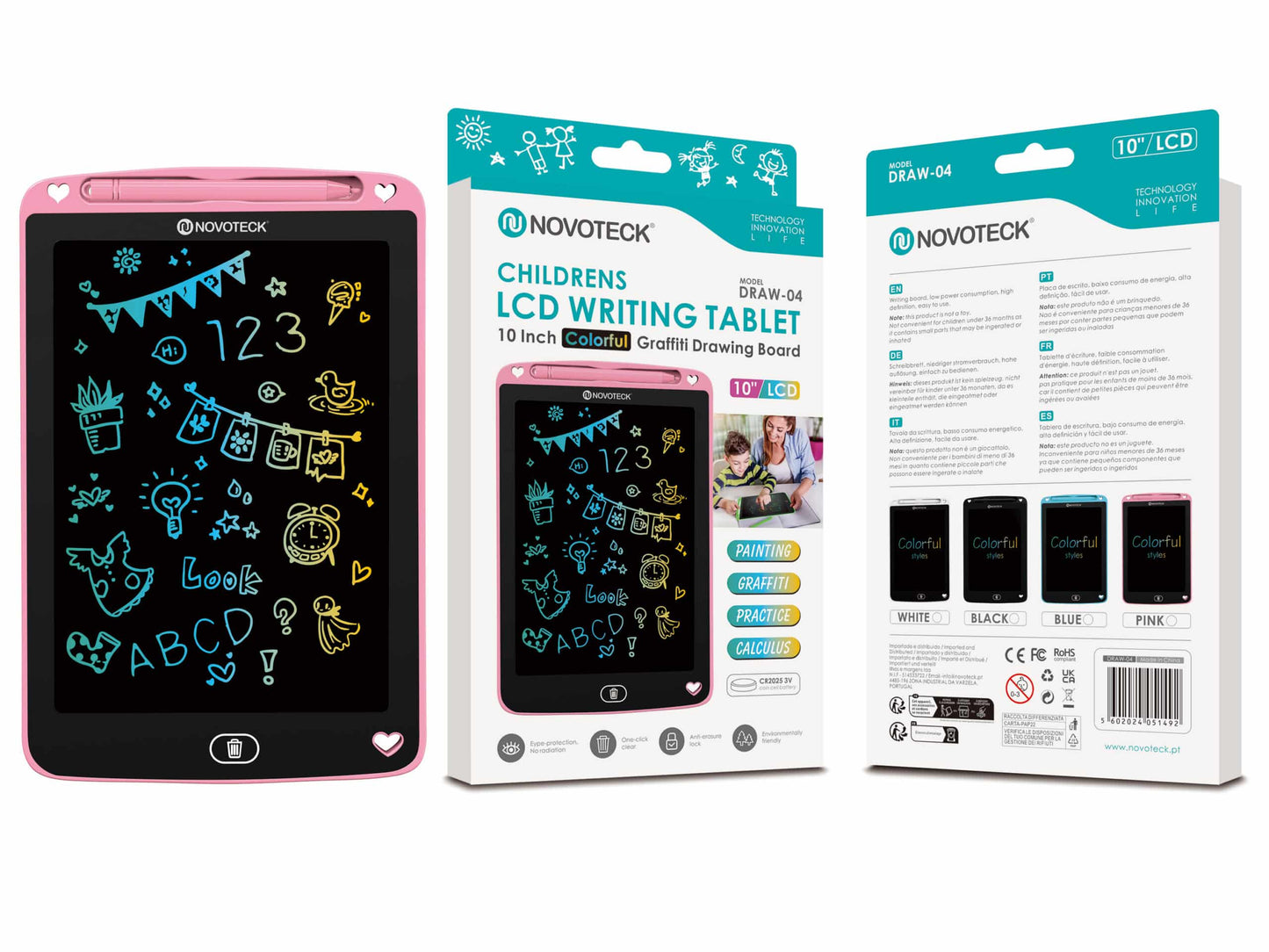 Tablet de Escrita LCD Colorido para Crianças - 10'' Polegadas, DRAW-04 Rosa