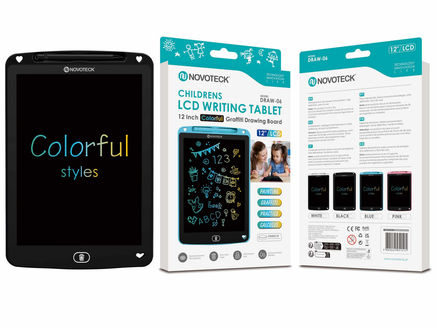 Tablet de Escrita LCD Colorido para Crianças - 12'' Polegadas, DRAW-06 Negro
