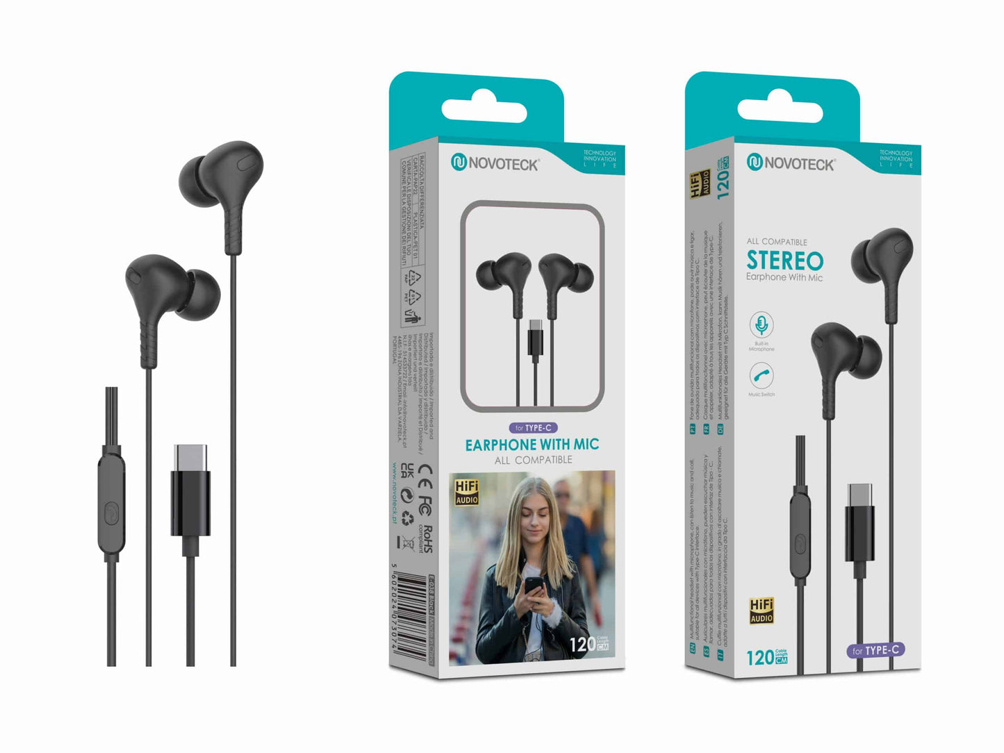 Auriculares Estéreo com Microfone Novoteck E-038 – Conexão USB-C, Áudio Hi-Fi