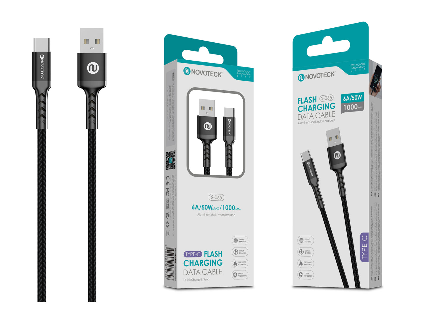 Cabo Type-C 6A 50W 1M Negro Durabilidade Nylon Trançado S-065