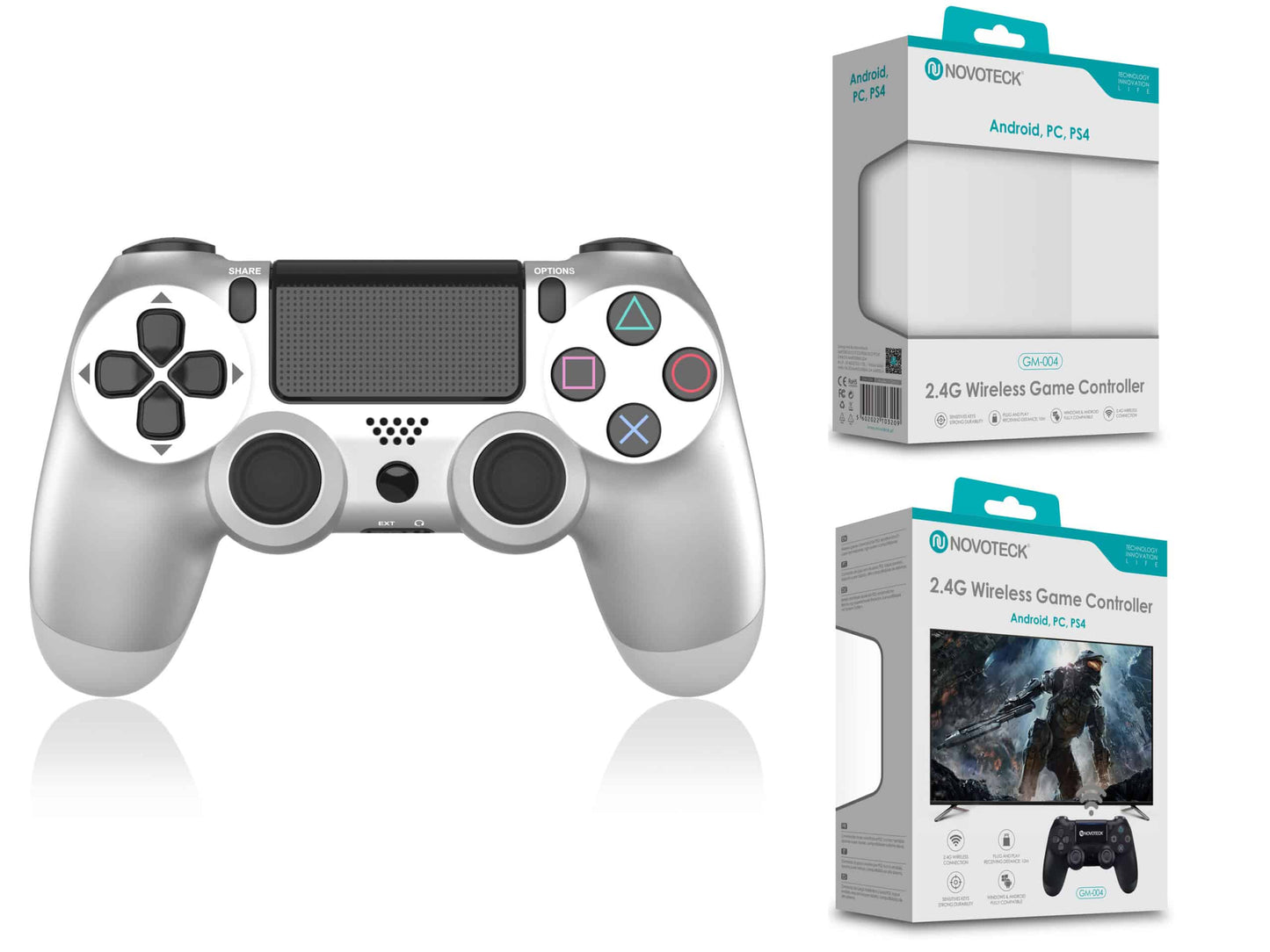 Comando Jogo PS4-PC-Android Metalizado Prateado Sem Fio 2.4G GM-004