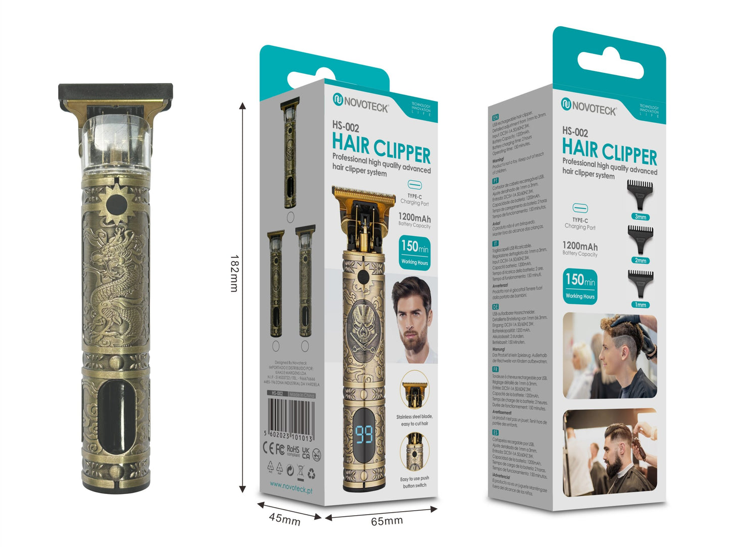 Cortador de Cabelo Avançado NOVOTECK HS-002 com Display Digital e Design Dragão