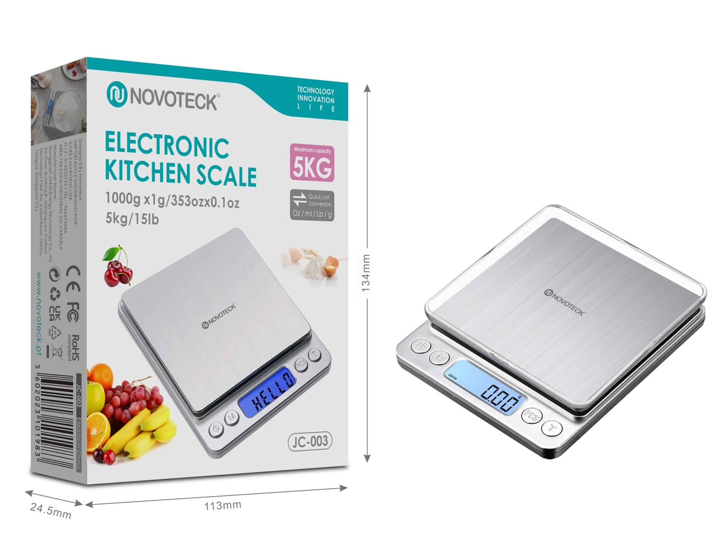 Balança de Cozinha Digital Novoteck JC-003 - Alta Precisão, Design em Aço Inoxidável, Capacidade de 5 kg/15 lb