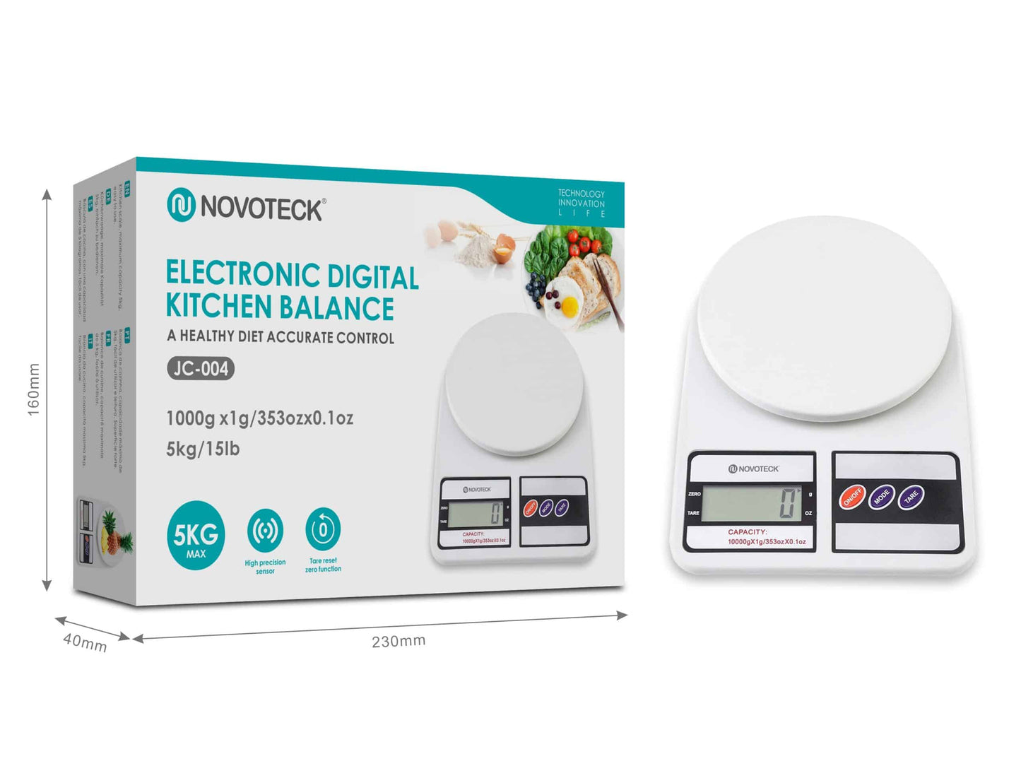 Balança Digital de Cozinha Novoteck JC-004 – Alta Precisão, Capacidade de 5 kg, Função Tara e Design Moderno