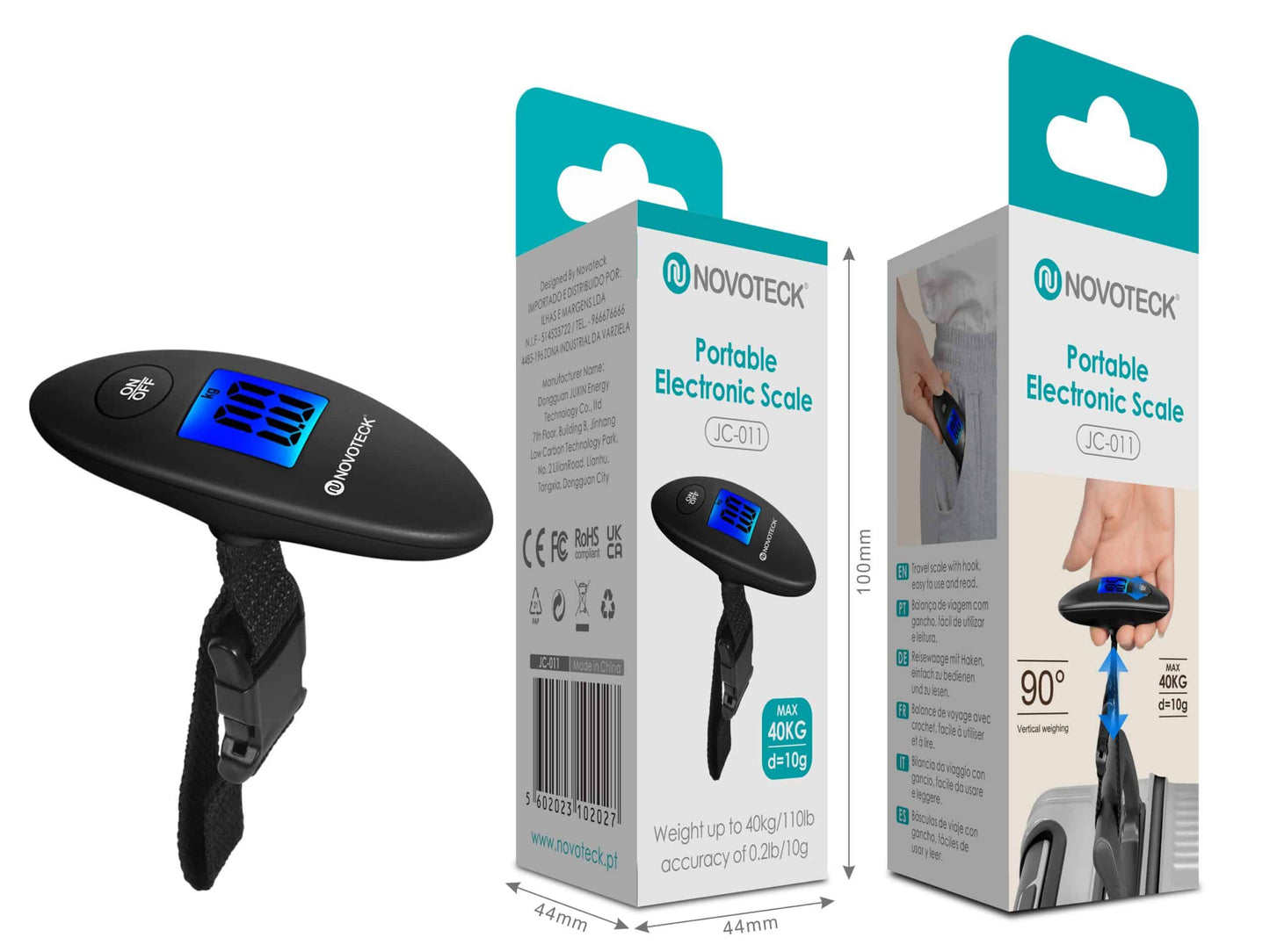 Balança Portátil Eletrônica Novoteck JC-011 - Capacidade 40kg, Precisão 10g, Display LED Azul, Gancho de Aço