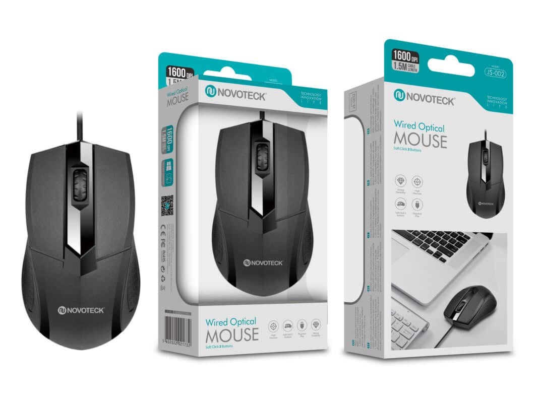 Rato Óptico com Fio NOVOTECK JS-002 - Design Ergonômico e Alta Precisão de 1600 DPI