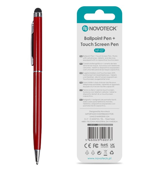 Caneta 2 em 1 Novoteck NP-07 – Esferográfica e Touch Screen, Compatível com Dispositivos Capacitivos, Disponível em Múltiplas Cores Vermelho