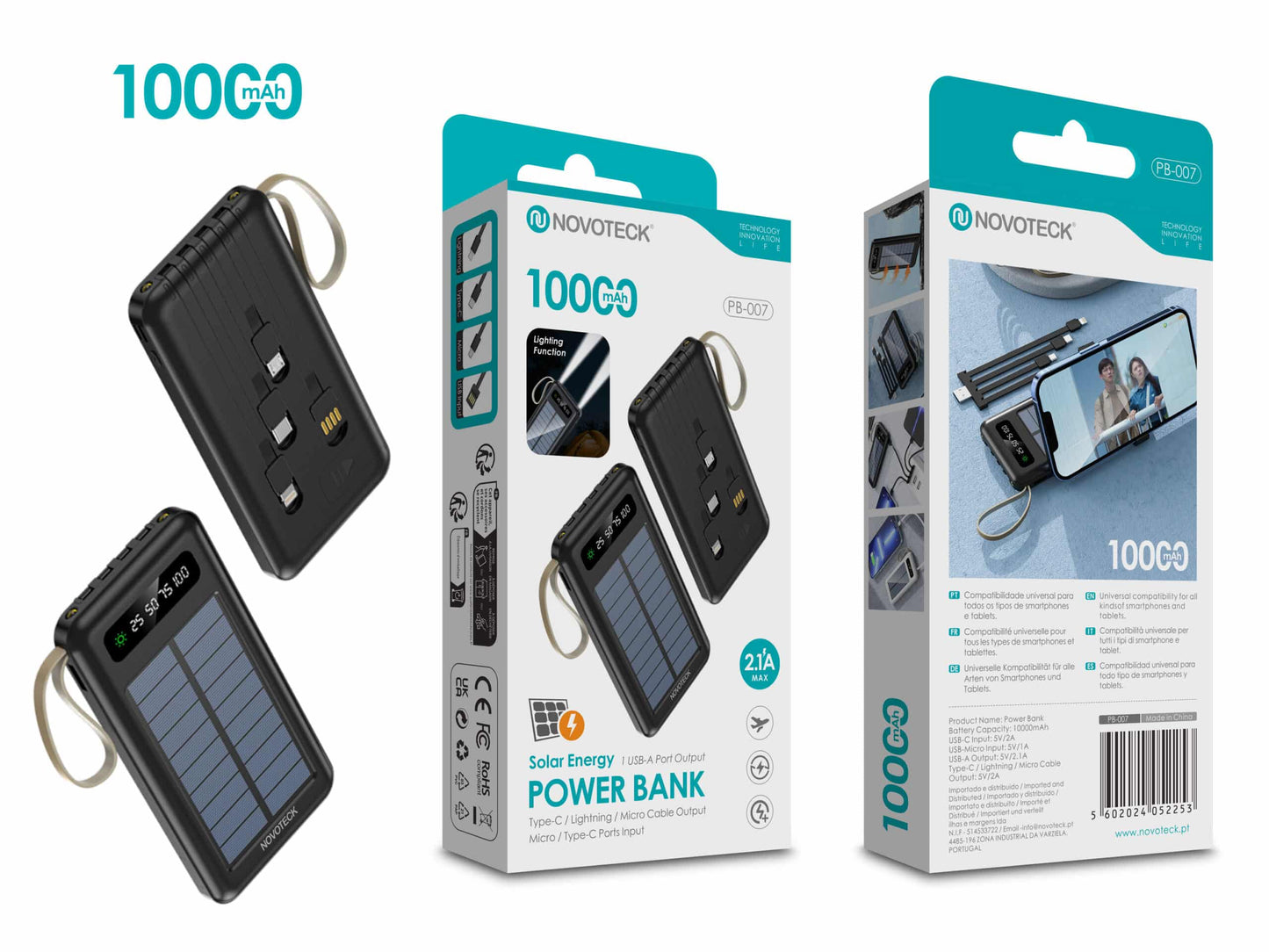 Power Bank Solar 10000mAh PB-007 com Carregamento Solar e Função Lanterna