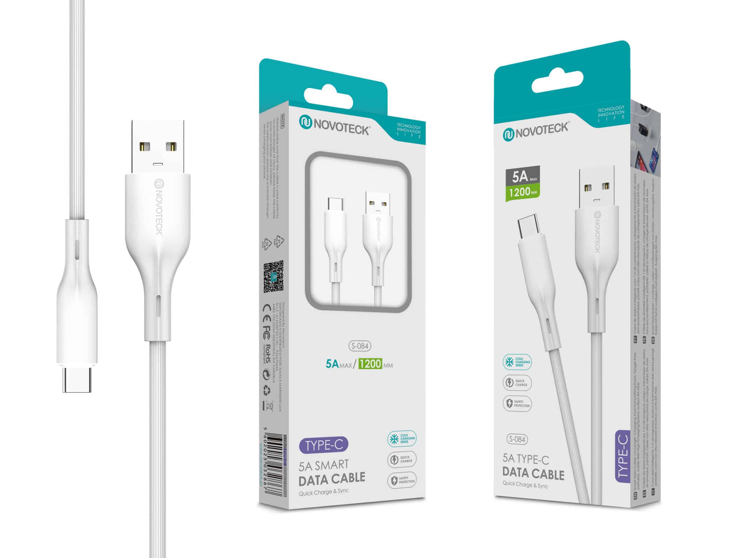 Cabo de Dados Fast Charge 5A PVC Macaron Design Branco Type-C USB 1.2M