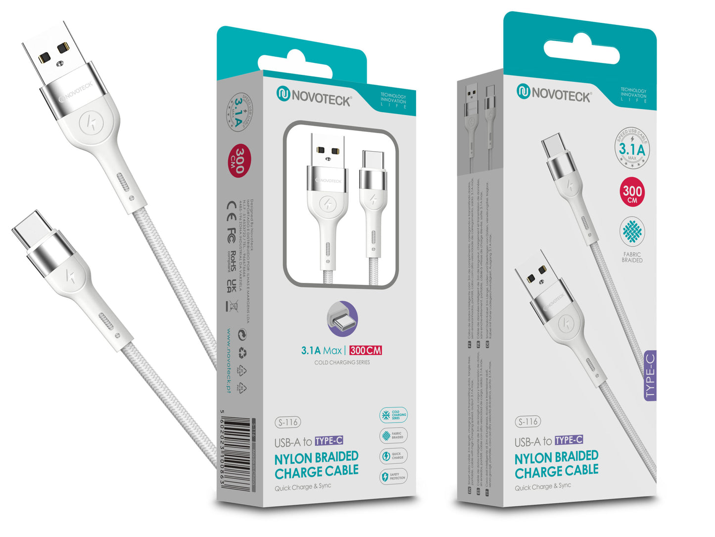 Cabo de Dados Trançado Nylon 3.1A Carregamento Rápido Branco Type-C USB 3.0M
