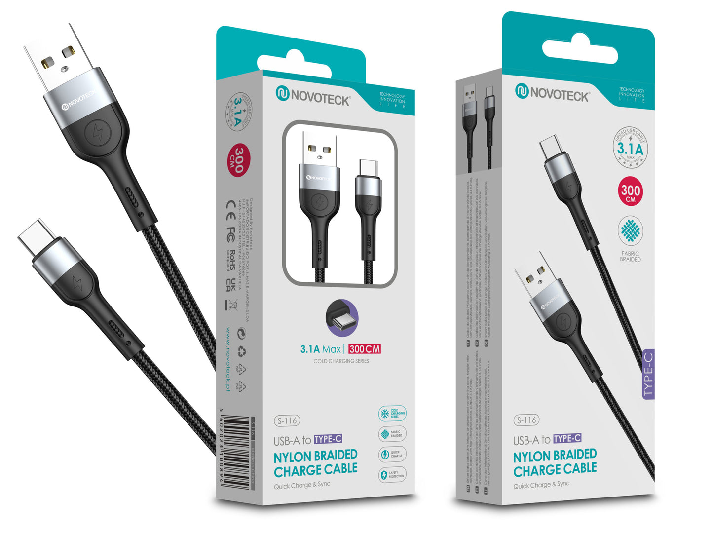 Cabo de Dados Trançado Nylon 3.1A Carregamento Rápido Negro Type-C USB 3.0M