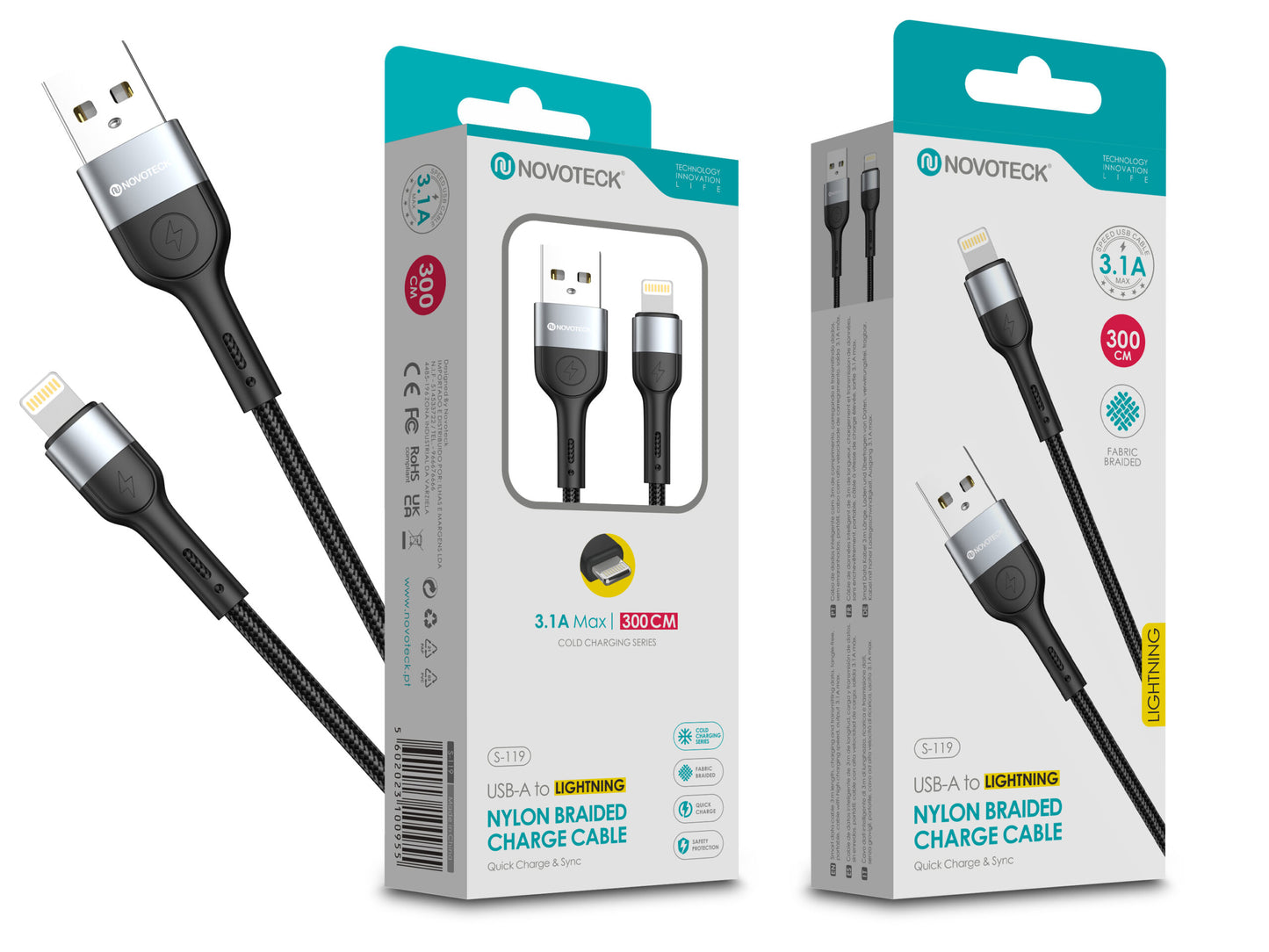Cabo Lightning NOVOTECK S-119 - Nylon Trançado, 3.1A, 300cm,Negro