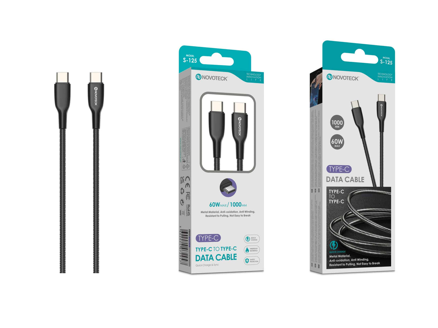 Cabo de Dados Type-C para Type-C 60W com Revestimento Resistente S-125