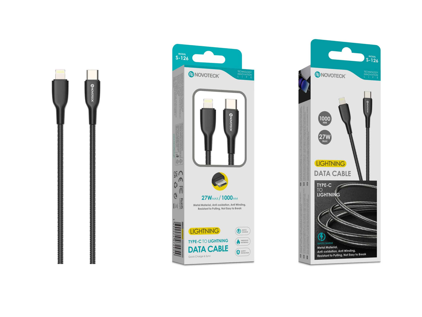 Cabo Type-C para Lightning NOVOTECK S-126 – 27W, 1m, Reforçado, Carregamento Rápido e Sincronização
