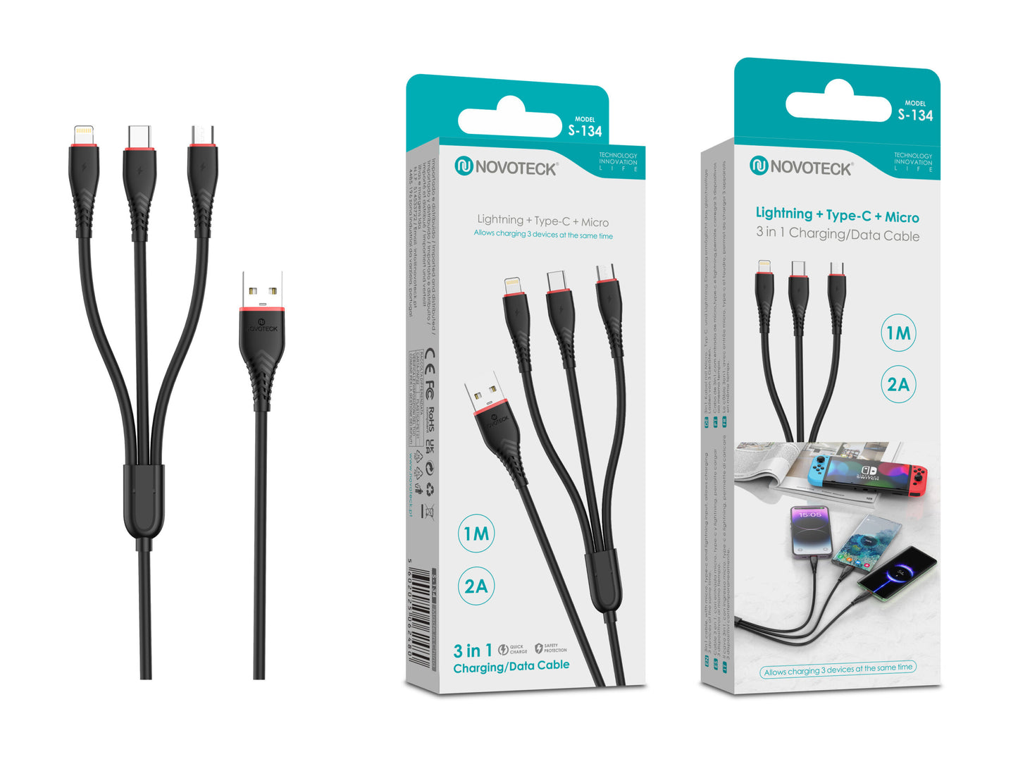 Cabo 3 em 1 S-134 com Conectores Lightning + USB-C + Micro USB 1 Metro 2A para Carregamento e Dados
