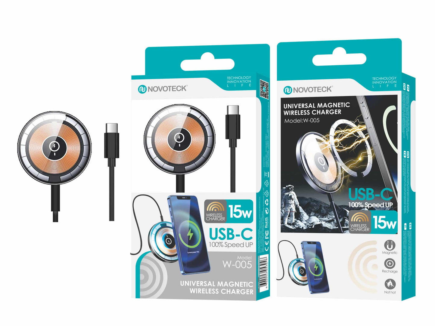 Carregador Magnético Sem Fio Universal Novoteck W-005 - 15W, USB-C, Compatibilidade Ampla