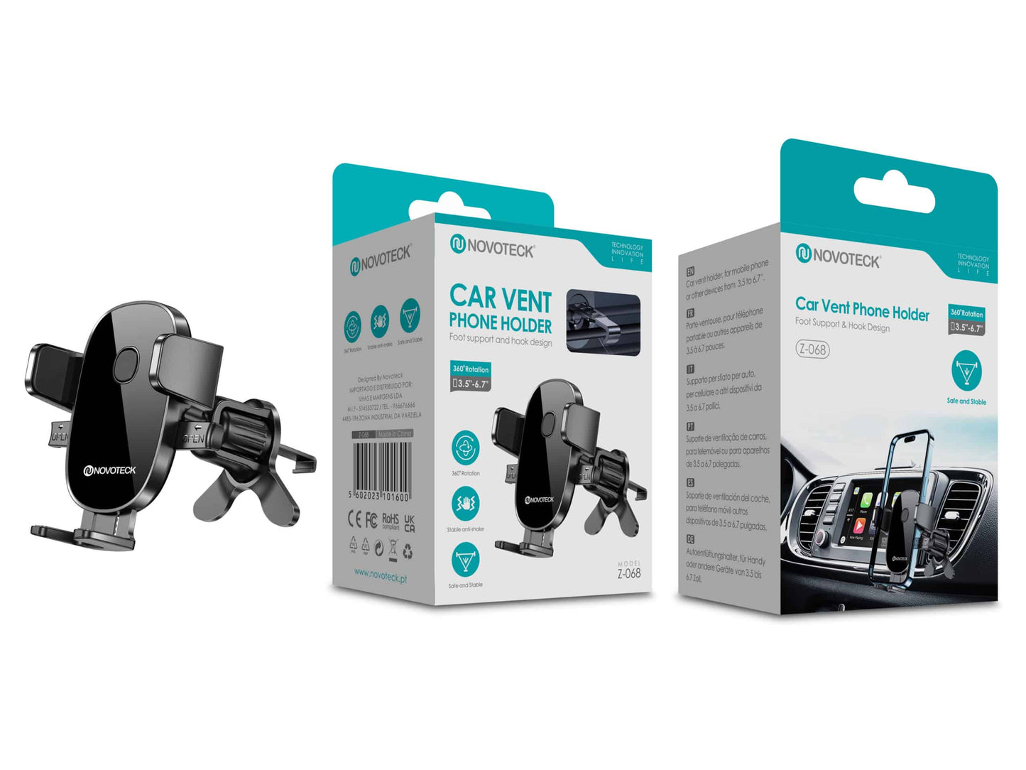 Suporte para Telemóvel de Ventilação Automóvel NOVOTECK Z-068 - Rotação 360, 3.5"-6.7", Montagem Estável