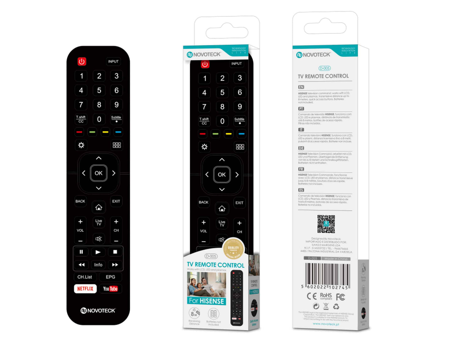 Controle Remoto Universal Novoteck para Hisense com Botões Netflix/YouTube D-005