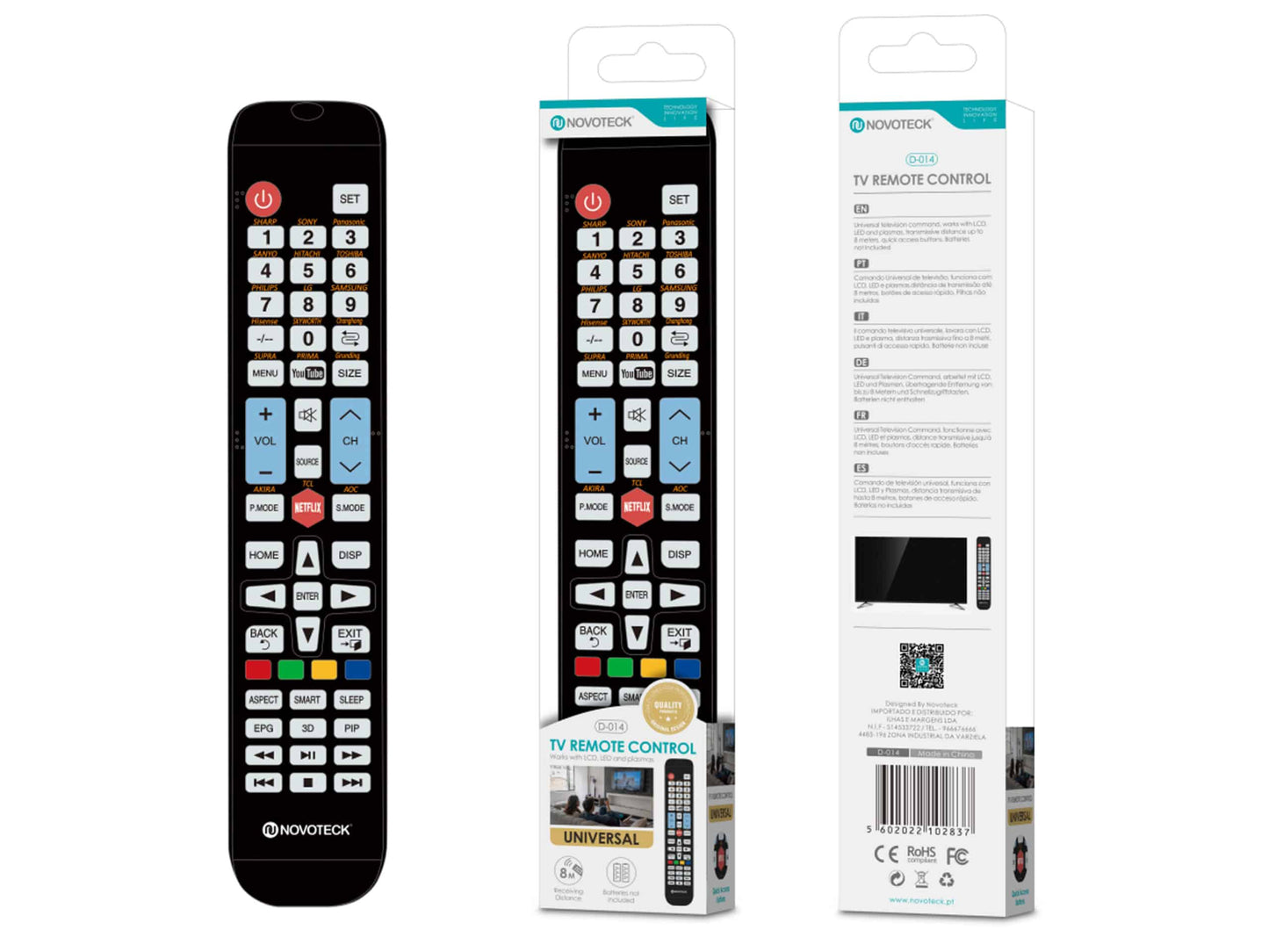 Controle Remoto Universal 15In1 Novoteck D-014 - Compatibilidade Expansiva e Teclas de Atalho para Netflix e YouTube