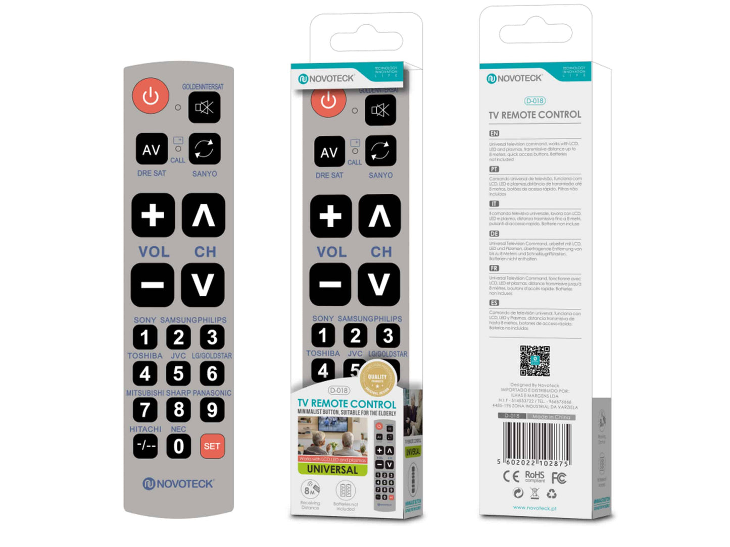 Controle Remoto Universal com Botões Grandes Novoteck D-018 - Ideal para Idosos e Visão Limitada - Compatível com Diversas Marcas