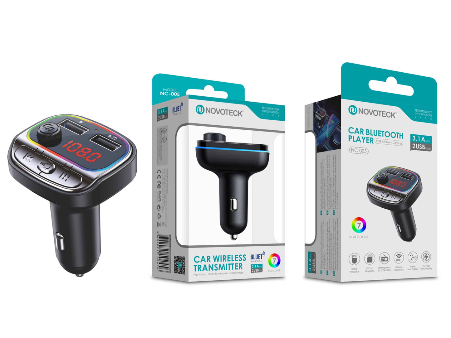 Transmissor FM e Carregador Veiculo Bluetooth Novoteck NC-005 com Iluminação RGB
