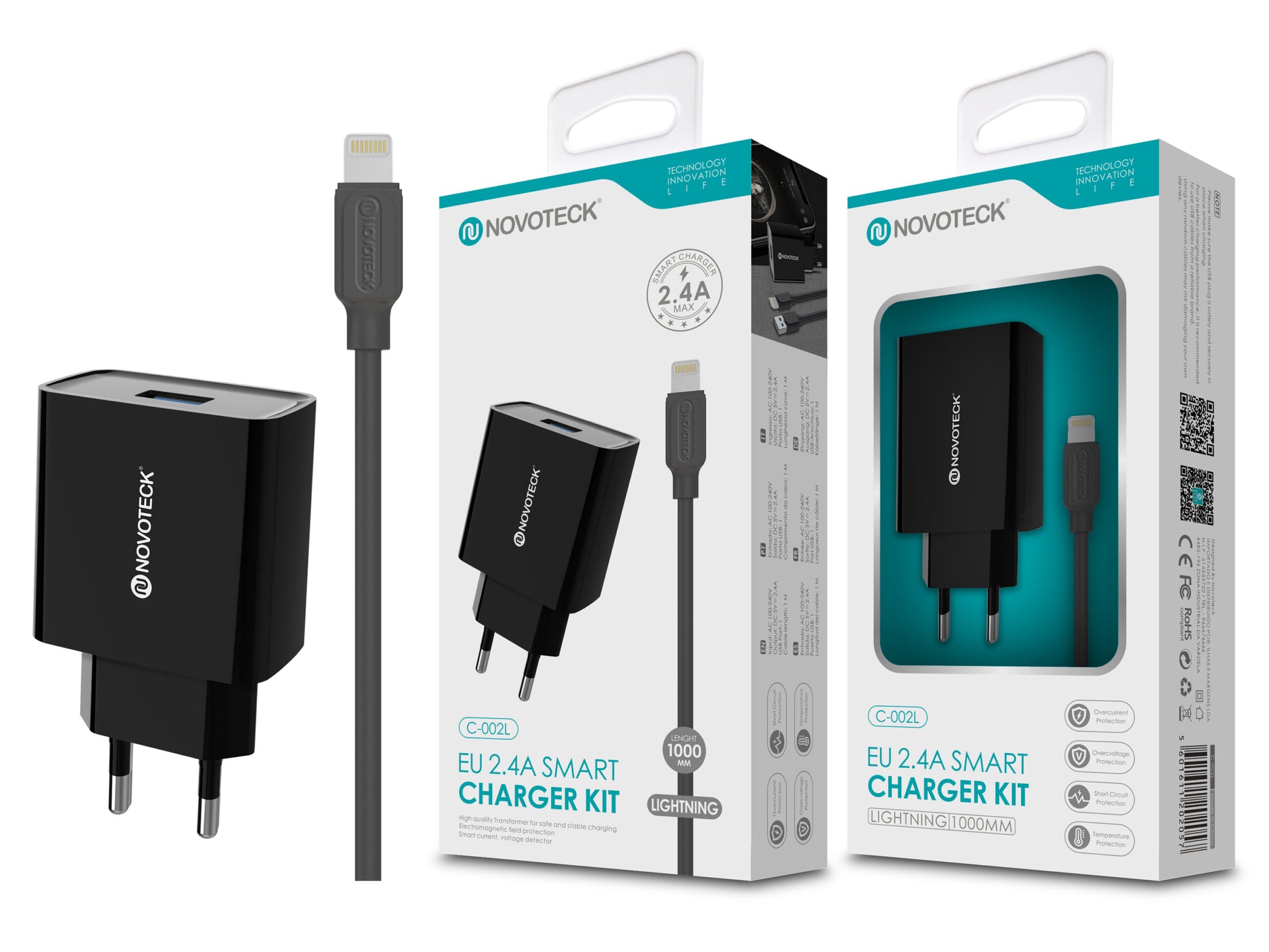 Carregador com Cabo Lightning Negro 2.4A 1 USB NOVOTECK C-002L