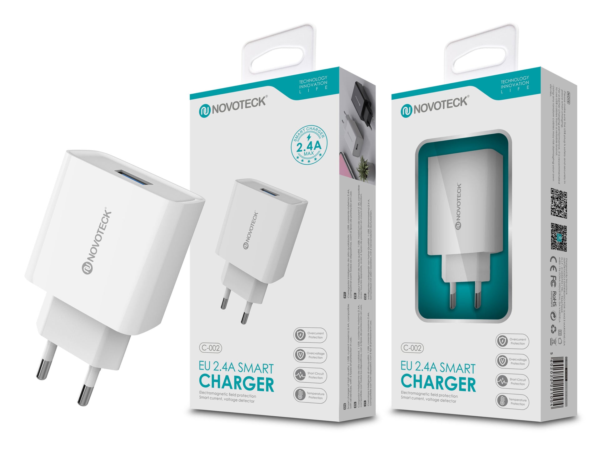 Carregador 2.4A 1 USB Branco NOVOTECK C-002