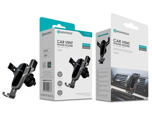 Suporte para Ventilação de Carro Novoteck Z-026 - Mecanismo de Gravidade, Rotação 360°, Cores Prateado/Cinza, para Telemóveis 3,5''-6,5''