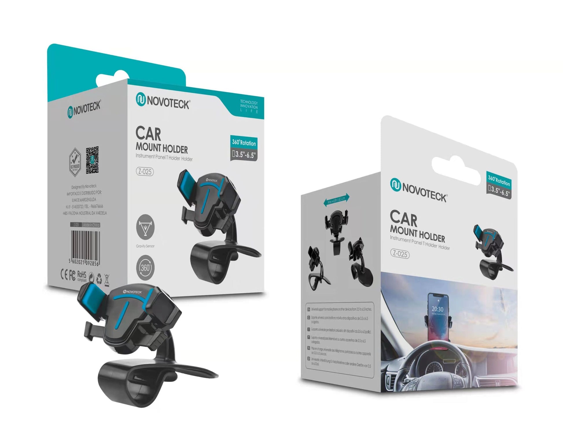 Suporte de Carro Z-025 Rotação 360° para Telemóveis de 3,5'' a 6,5'' - Montagem Flexível