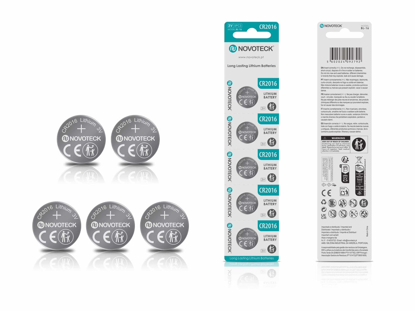 Pilhas de Lítio CR2016 NOVOTECK 3V – Longa Duração – Pack com 5 Unidades BL-16