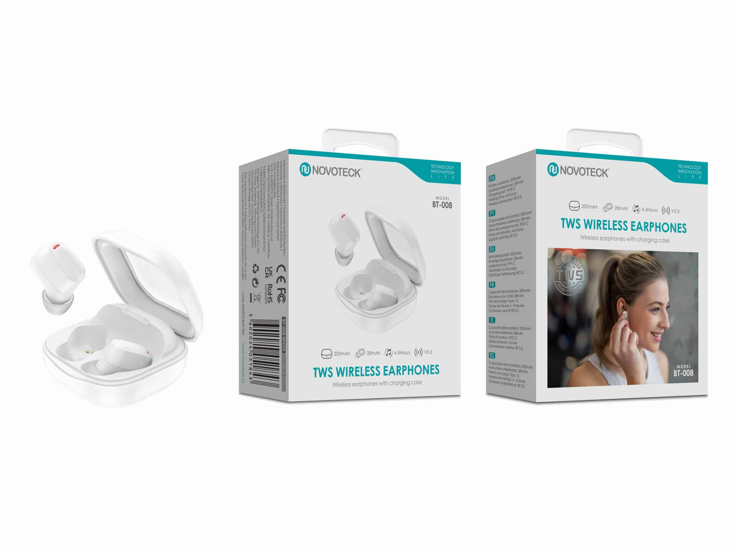Auriculares Bluetooth TWS Branco BT-008 – Estojo de Carregamento, Design Compacto