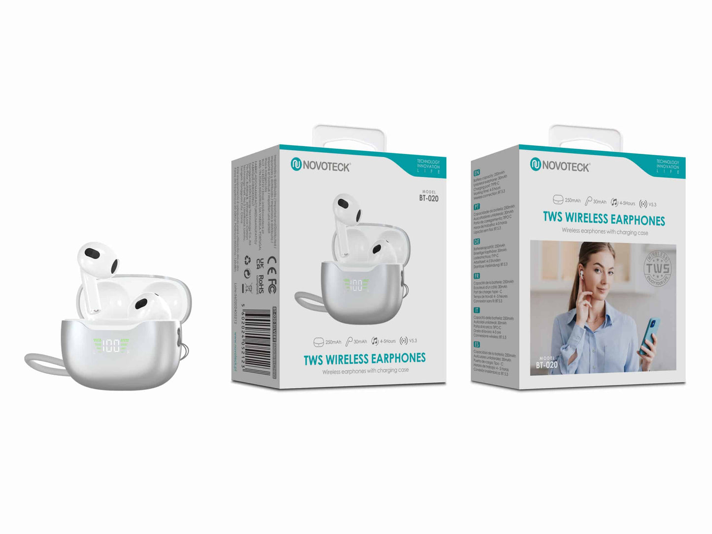 Auriculares Bluetooth TWS Novoteck BT-020 – Ecrã LED e Estojo de Carregamento