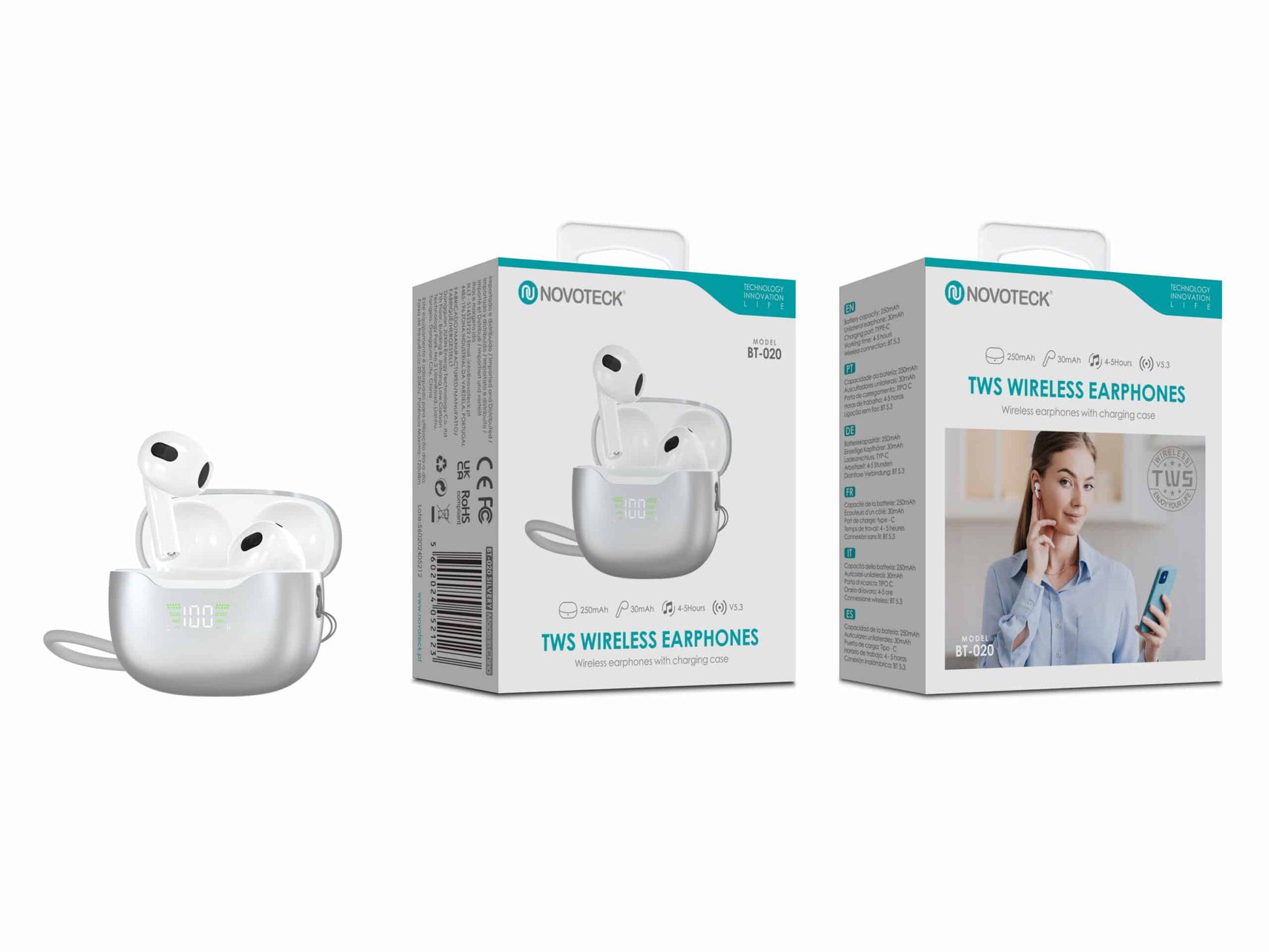 Auriculares Bluetooth TWS Novoteck BT-020 – Ecrã LED e Estojo de Carregamento