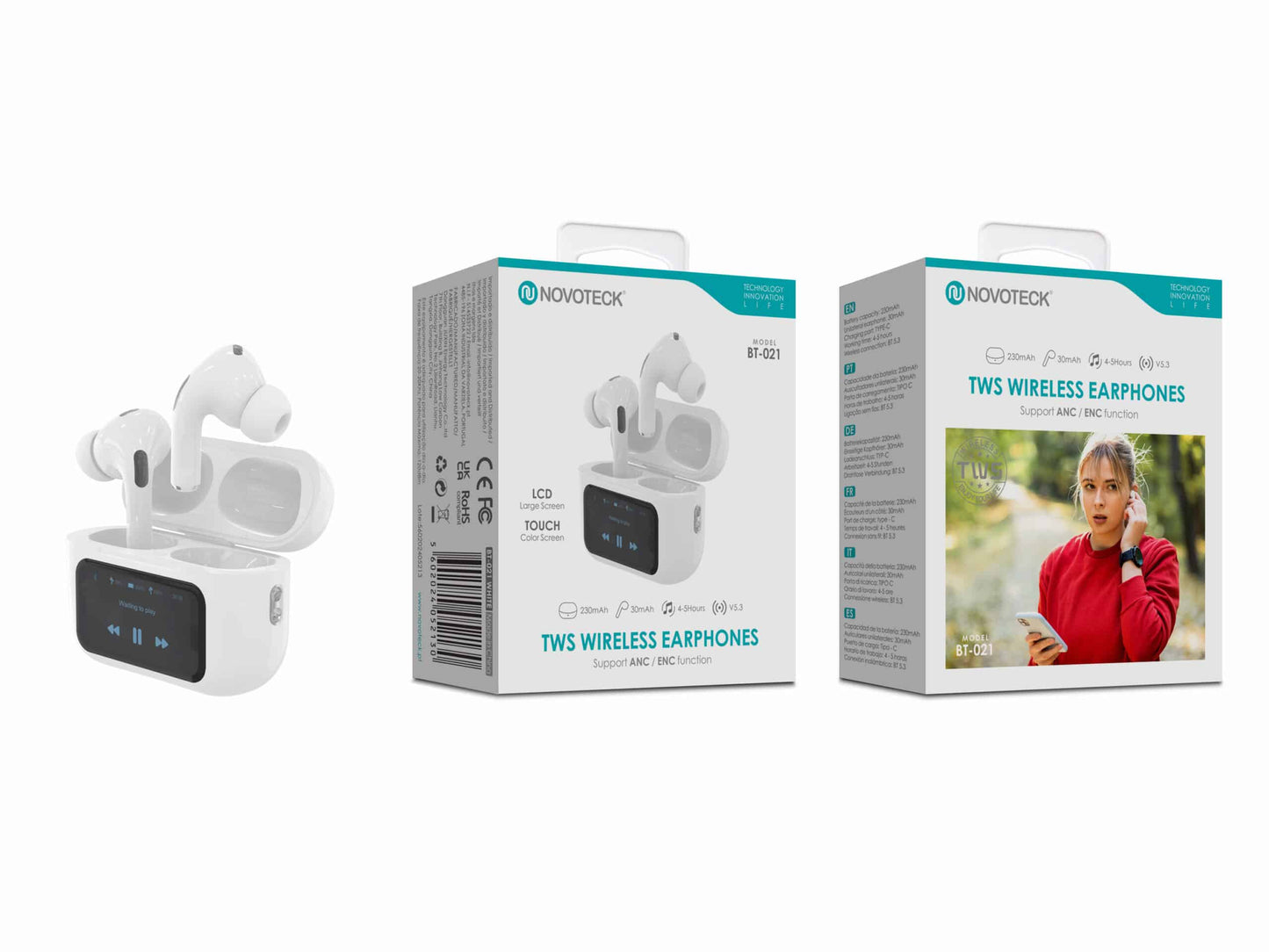 Auriculares Bluetooth TWS Novoteck BT-021 – Cancelamento de Ruído, Ecrã Táctil LCD