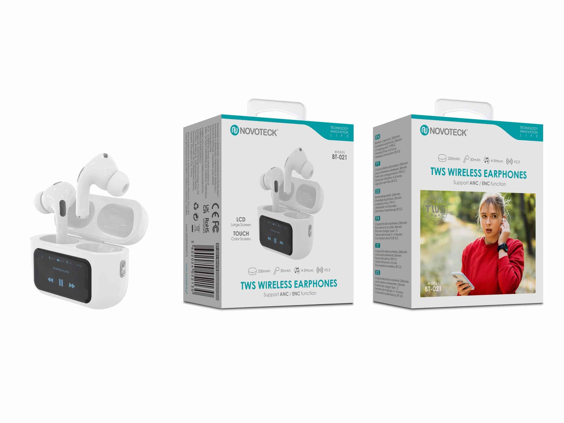 Auriculares Bluetooth TWS Novoteck BT-021 – Cancelamento de Ruído, Ecrã Táctil LCD