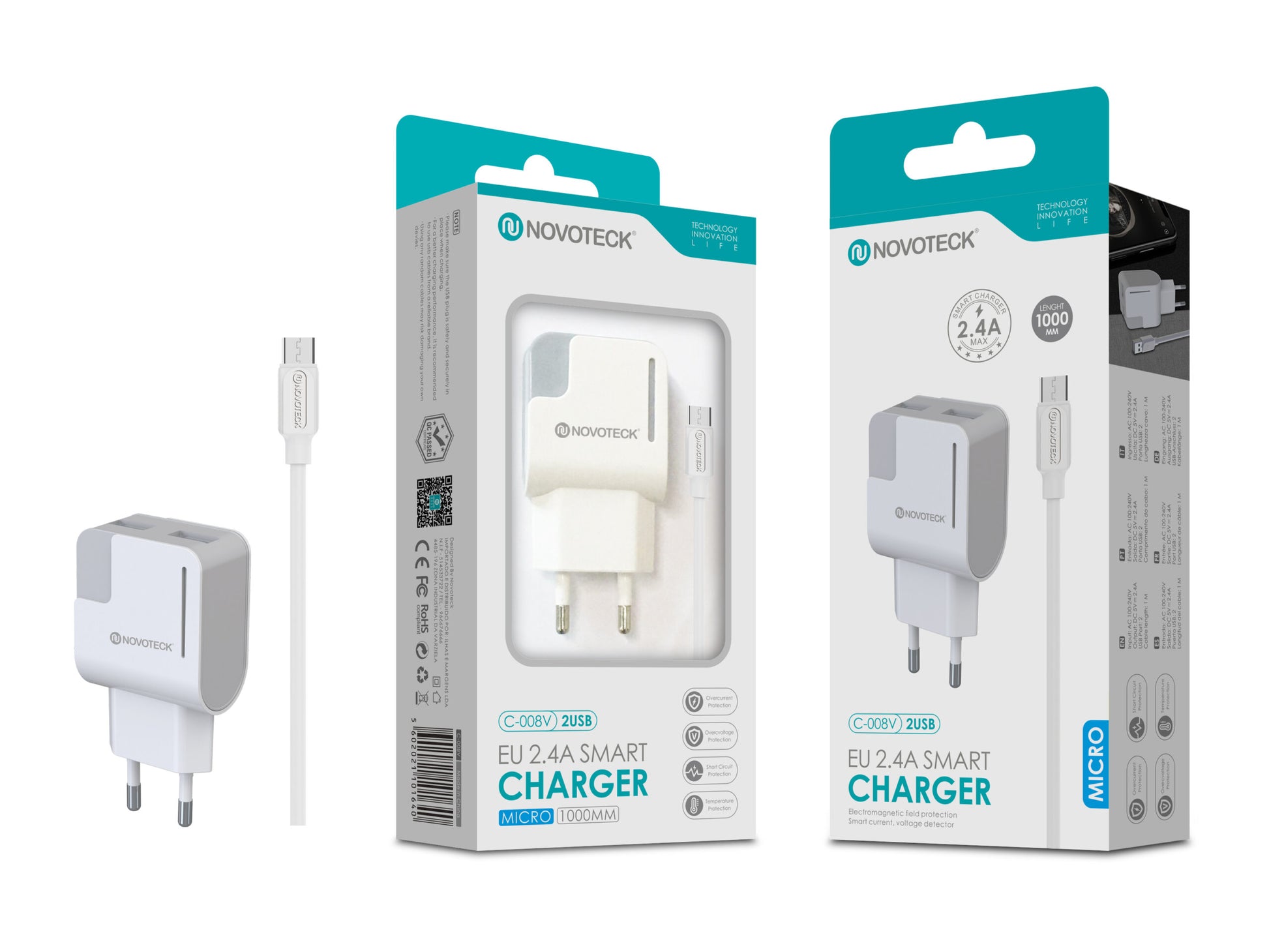 Carregador com Cabo Micro Branco 2.4A 2 USB Full Compatible C-008V