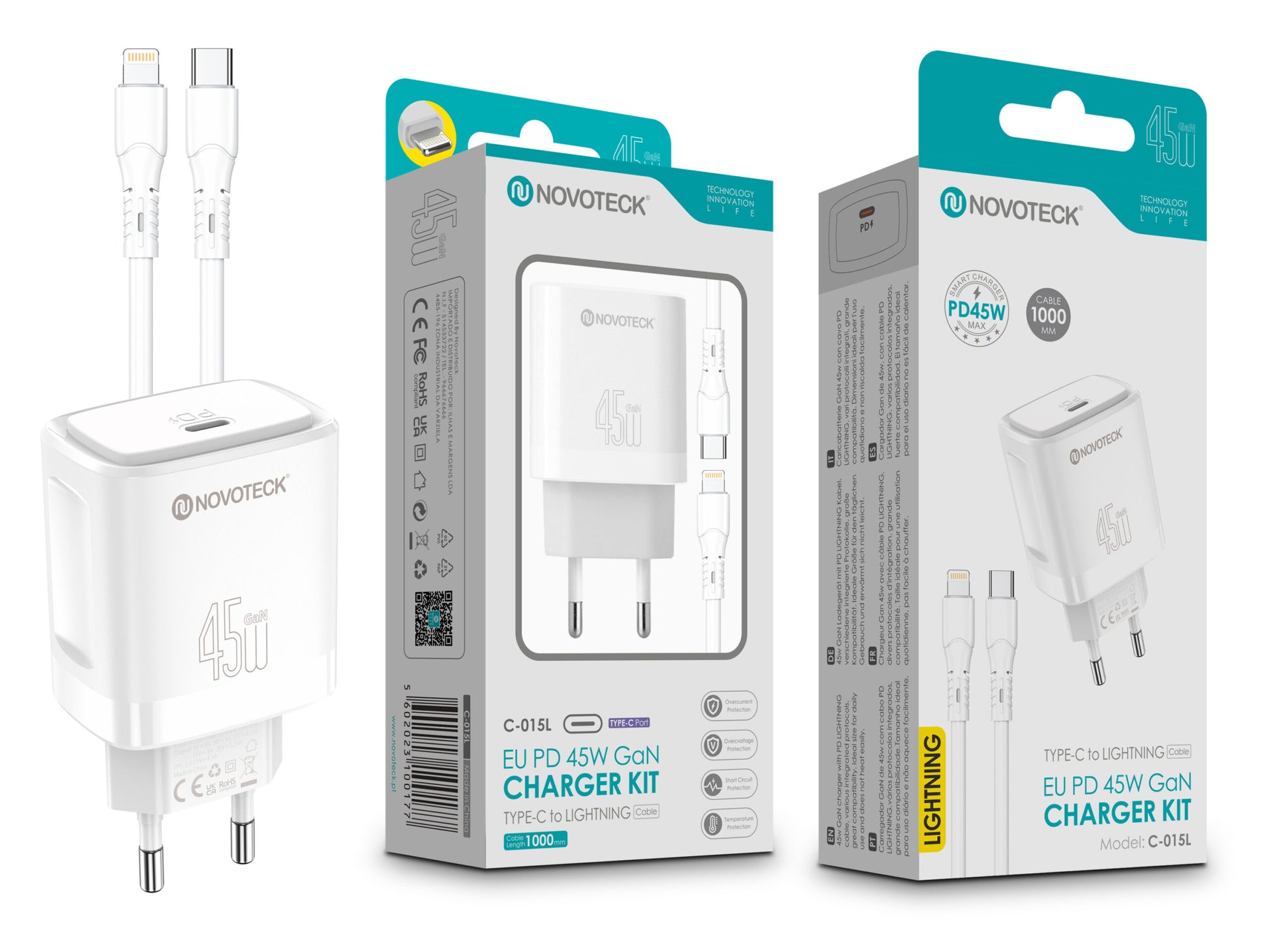 Kit Carregador Rápido NOVOTECK C-015L PD 45W GaN - Com Cabo Type-C para Lightning, Portátil e Eficiente