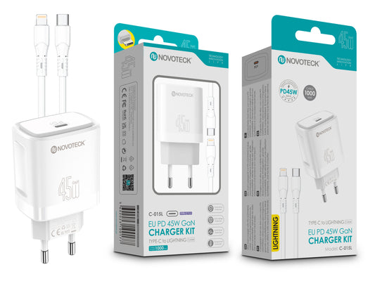 Kit Carregador Rápido NOVOTECK C-015L PD 45W GaN - Com Cabo Type-C para Lightning, Portátil e Eficiente