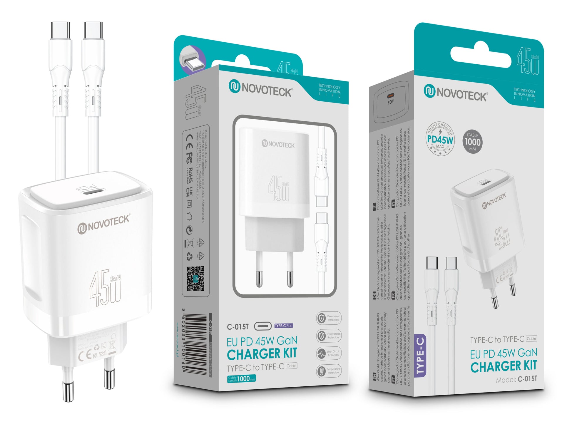 Kit Carregador Rápido NOVOTECK C-015T PD 45W GaN - Com Cabo Type-C, Portátil e Potente