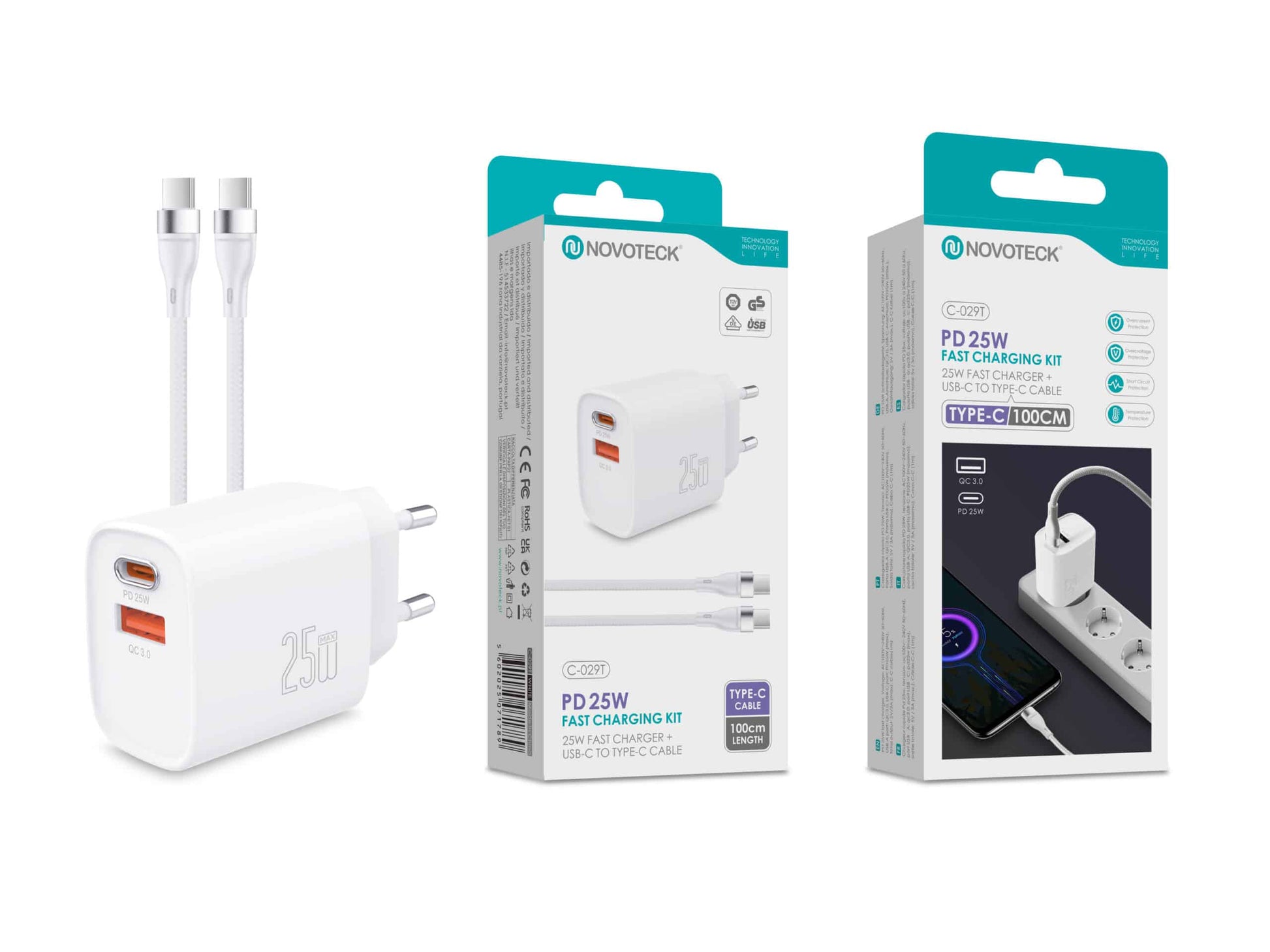 Kit Carregador Rápido PD 25W com Cabo USB-C para USB-C – Modelo C029T