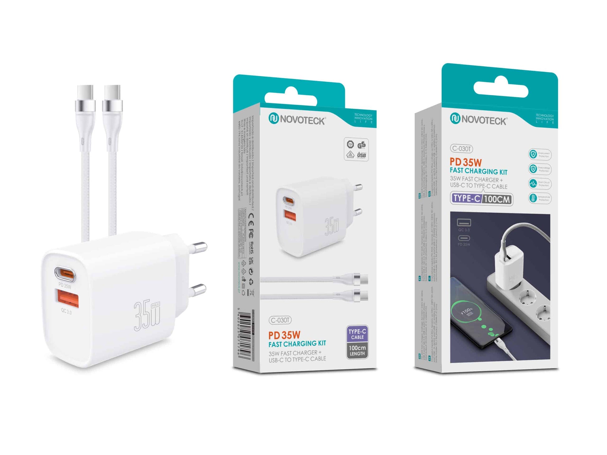 Kit Carregador Rápido PD 35W com Cabo USB-C para USB-C – Modelo C-030T