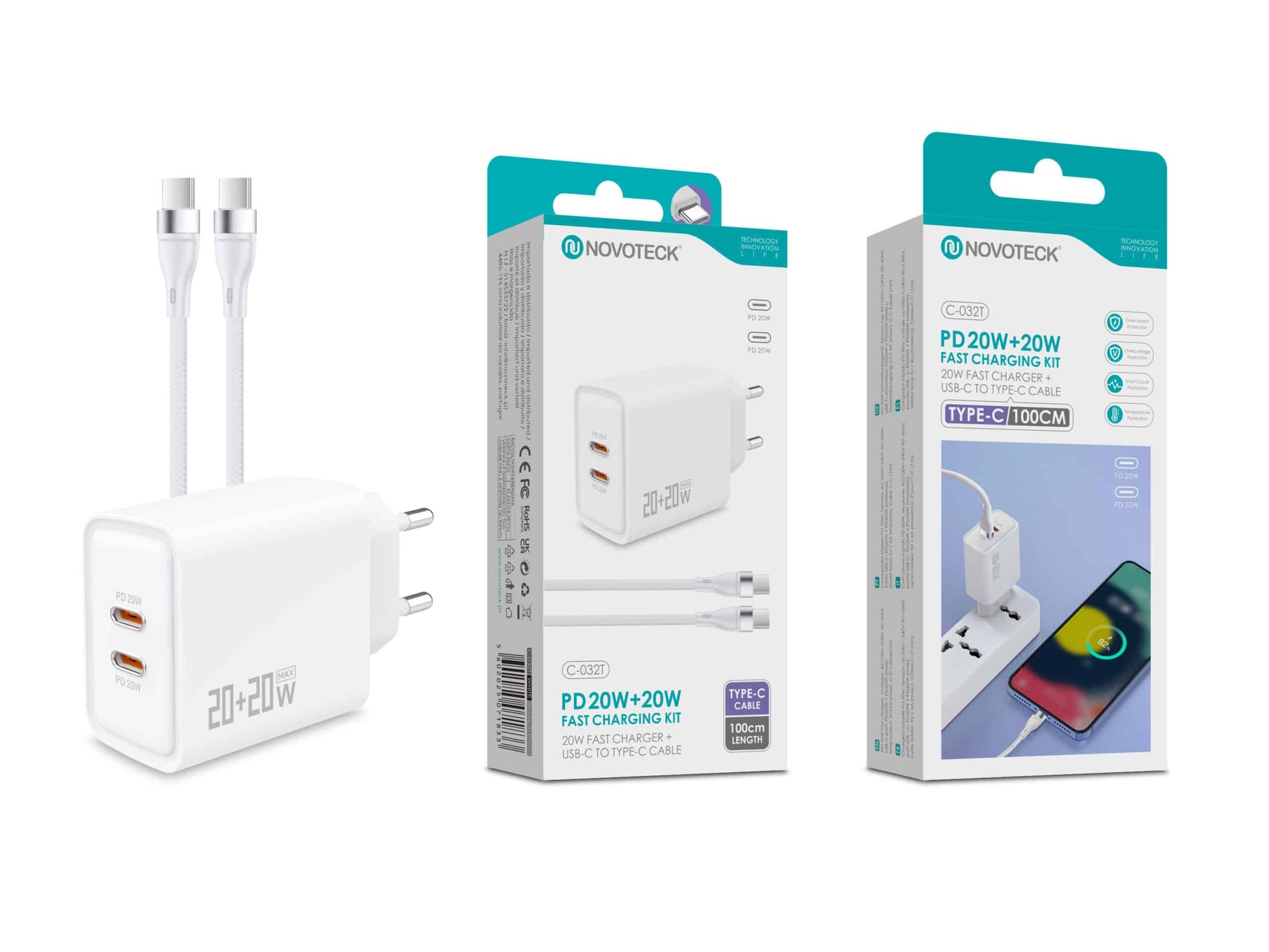 Carregador Rápido PD 20W Duplo com Cabo USB-C 100cm – Kit de Carregamento – Modelo C-032T