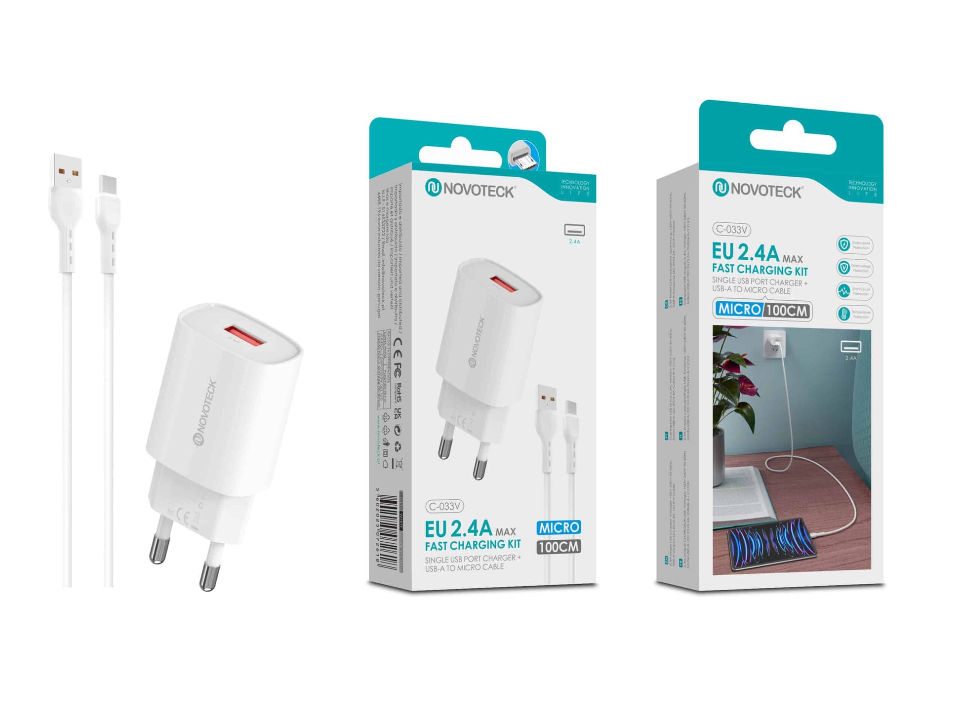 Kit Carregador Rápido USB 2.4A com Cabo Micro USB 100cm – Modelo C-033V