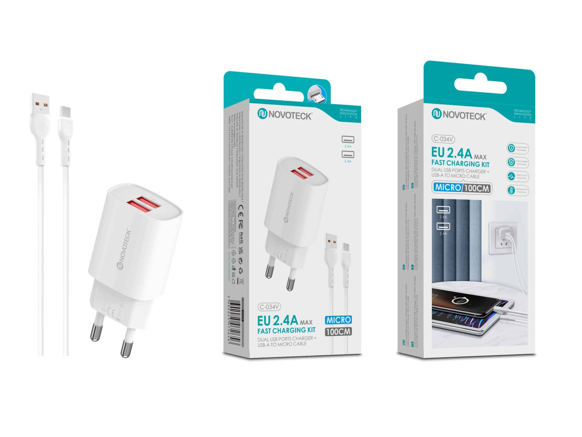 Kit Carregador Rápido USB Duplo 2.4A com Cabo Micro USB 100cm – Modelo C-034V