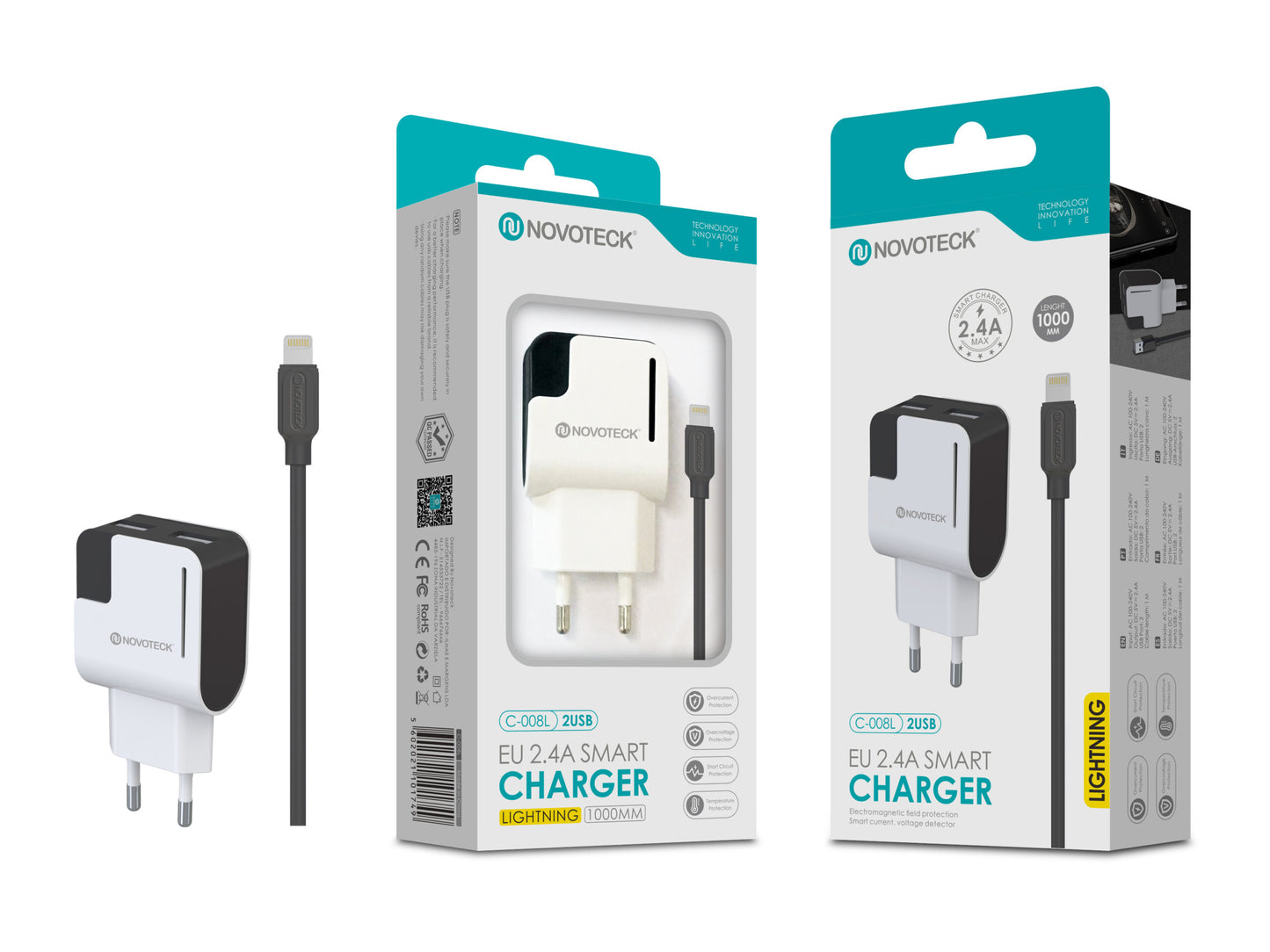 Carregador com Cabo Lightning Negro 2.4A 2 USB Full Compatible C-008L